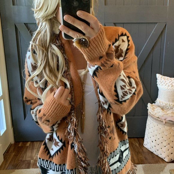 New Aztec Western Print Boho Blanket Western Cardigan Sweater - Picture 2 of 8